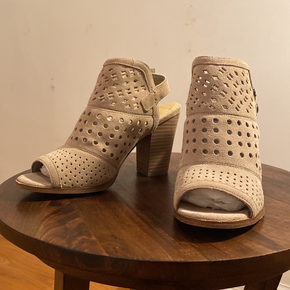 $10 CLEARANCE - Marc Fisher 6.5 Perforated Suede Stacked Heel Open-Toe Booties - Picture 3 of 8